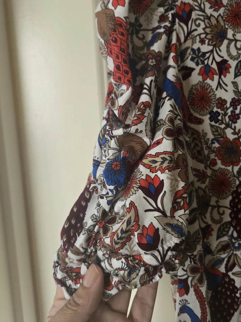 LOFT White Floral & Bird Puff-Sleeve Blouse with Blue and Red Accents